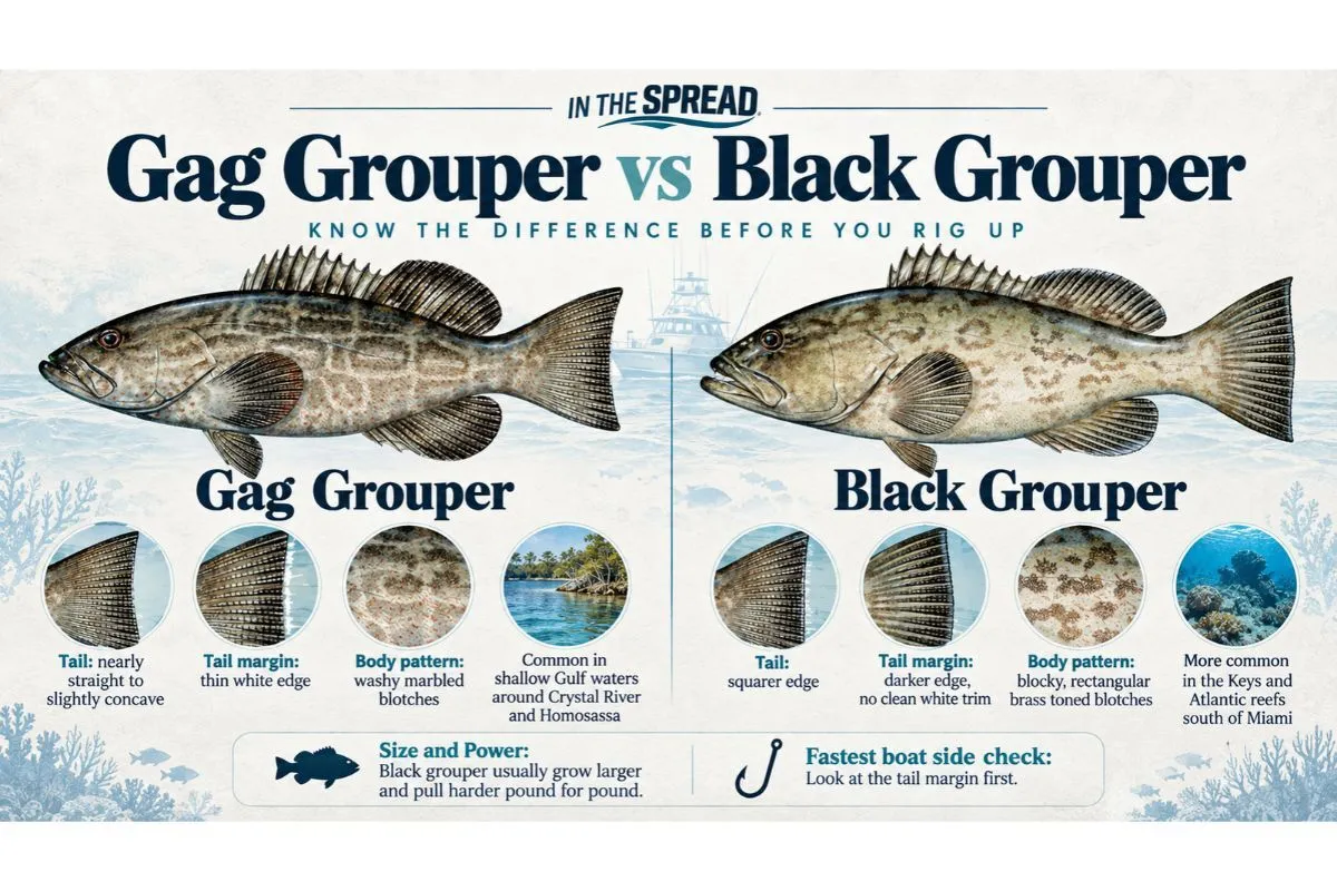 Gag and black grouper comparison showing tail shape, markings and key identification differences for anglers.