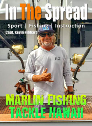 Kevin Hibbard standing on cockpit of 2nd Offense talking marlin tackle