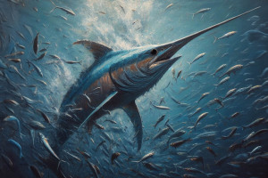 swordfish on the hunt in a school of bait fish