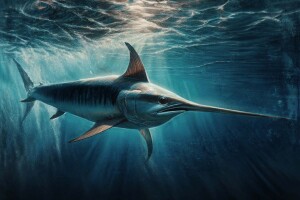 swordfish cruising just below the surface in search of prey