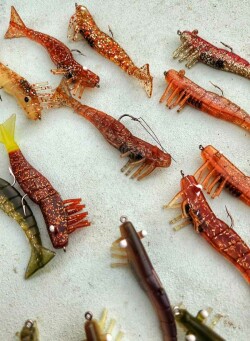 pictured are several artificial shrimp lures from DOA