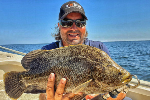 Triple Tail Fish being held by fisherman wearing In The Spread hat