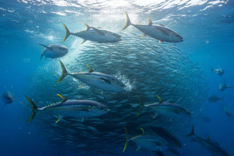 yellowfin tuna school crashing tightly packed baitfish in open water