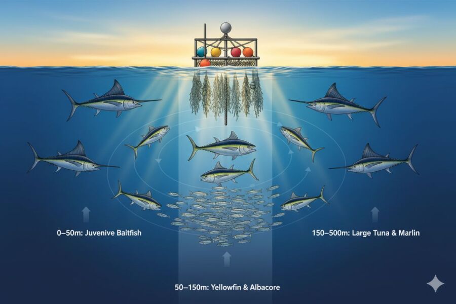 Fish Aggregating Device (FAD) in open blue ocean water