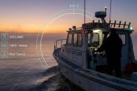 offshore charter boat underway at first light, captain standing confidently at the helm