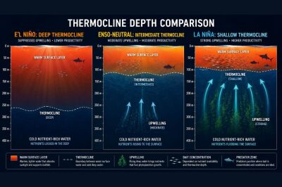 Ocean cross-section showing deep El Ni&ntilde;o thermocline and shallow La Ni&ntilde;a thermocline with bait and pelagic fish depth.