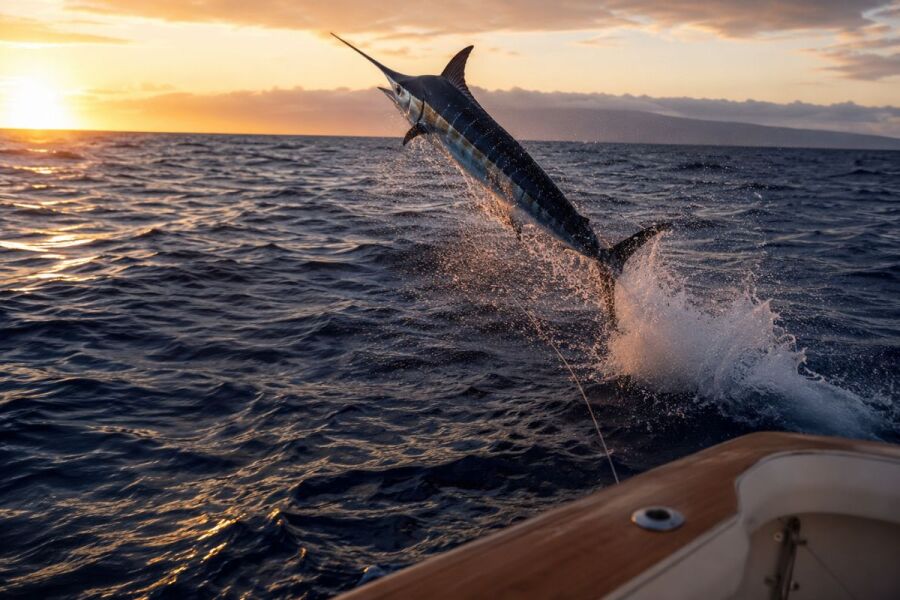 Blue marlin jumping clear of the water behind the transom on a Kona morning