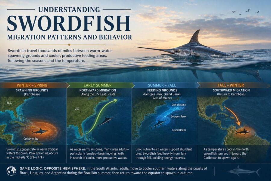 Swordfish beneath an offshore boat with seasonal migration stages from Caribbean spawning grounds to northern feeding waters.