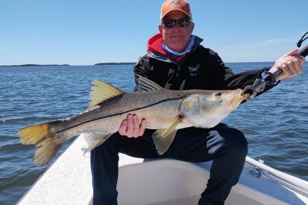 Florida winter snook caught near a deep river mouth during a cold snap on a bright January afternoon