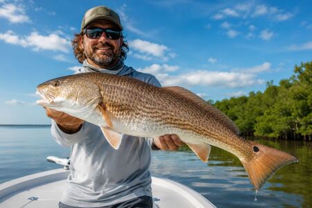 Angler holding nice redfish caught freelining pinfish along Gulf Coast mangrove key.