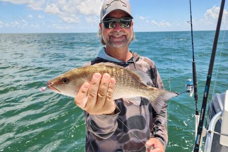 Mangrove snapper caught offshore in 30 feet by Capt. William Toney with the jig still in its mouth